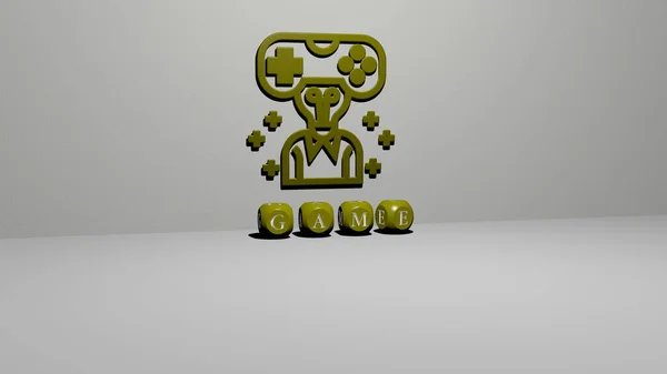 床に立方晶アルファベットの壁とテキスト上のゲーム3Dアイコン 3Dイラスト — ストック写真