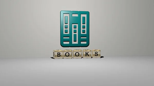 墙上的Books 3D图标和地板上的立方字母 3D插图 — 图库照片