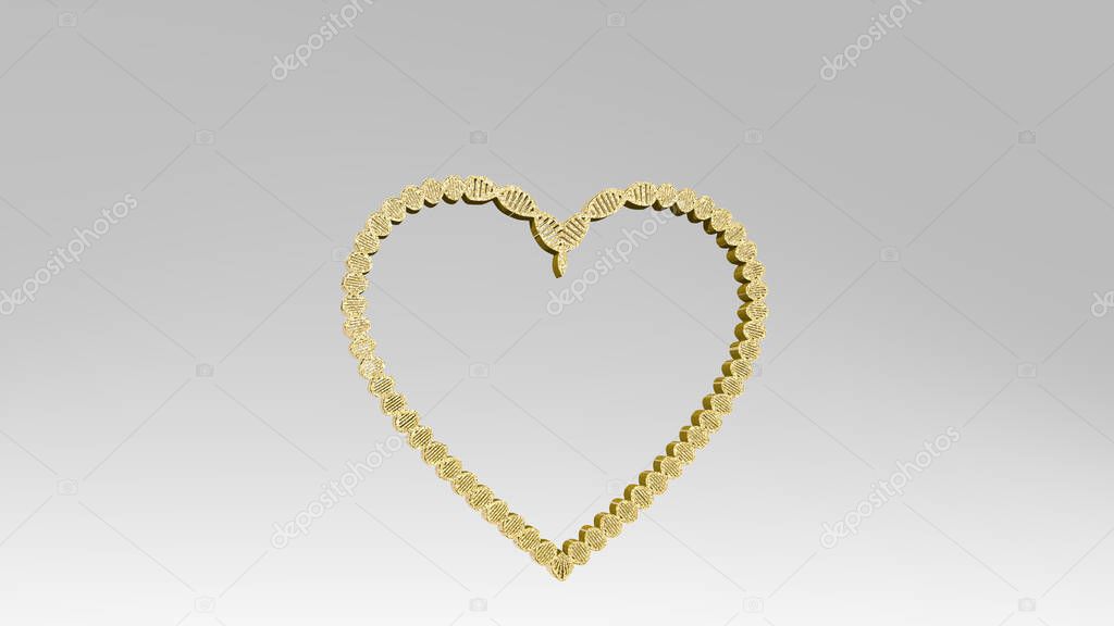 HEART SHAPE made by 3D illustration of a shiny metallic sculpture on a wall with light background, 3D illustration