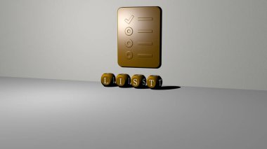 Duvardaki LIST 3D simgesi ve yerdeki kübik alfabelerin metni, 3D illüstrasyon