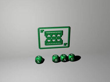 Konsept ve sunumların ilgili anlamları için metalik zar harfleri tarafından yapılan x ışını grafikleri ve metinlerinin 3B çizimi, 3D illüstrasyon