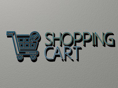 Alışveriş arabası simgesi ve duvarda yazı, 3 boyutlu illüstrasyon