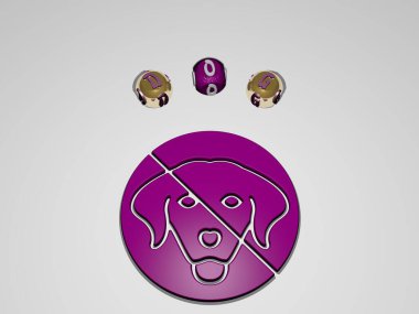 köpek dairesel metni 3 boyutlu simge etrafında ayrı harfler, 3 boyutlu illüstrasyon