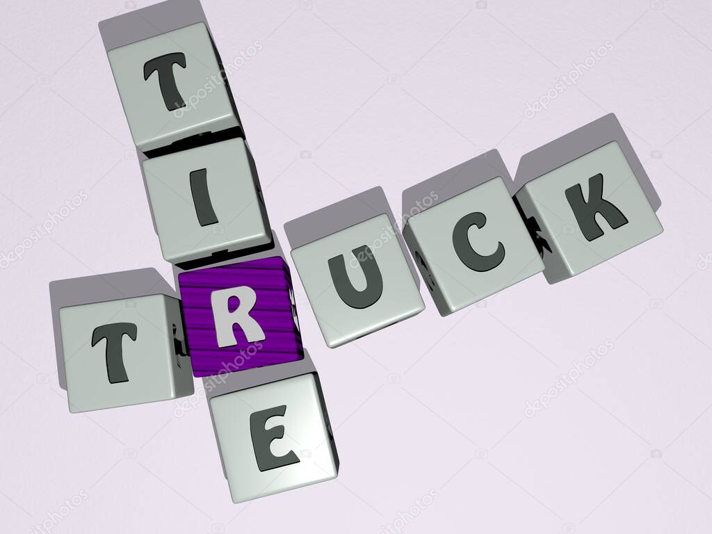 truck tire crossword by cubic dice letters, 3D illustration