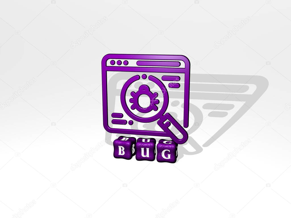 BUG 3D icon on cubic text, 3D illustration