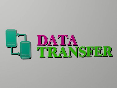 DATA TRANSFER 'ın 3B grafik resmi, üst perspektiften metalik kübik harflerle yapılmış metinlerle birlikte, konsept sunumu ve slayt gösterimi için mükemmel, 3D illüstrasyon