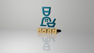 Yerdeki küp zar harflerinin ve duvardaki 3D simgelerin baş metni, 3D illüstrasyon