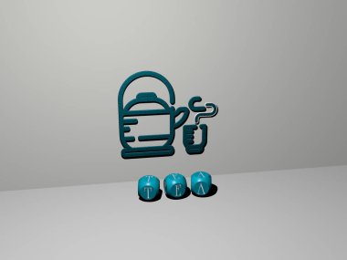 Dikey olarak çayın 3 boyutlu grafiksel görüntüsü ve üst perspektiften metalik kübik harflerle oluşturulan metinler, konsept sunumu ve slayt gösterimi için mükemmel, 3D illüstrasyon