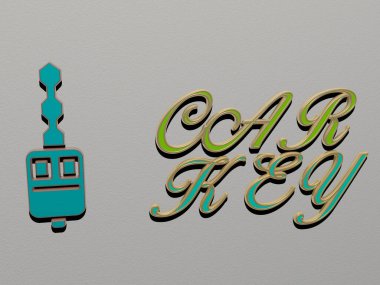 Duvarında simge olan araba anahtarının 3 boyutlu temsili ve ayna zemininde metalik kübik harflerle konsept ve slayt gösterisi sunumu için düzenlenmiş metin, 3 boyutlu illüstrasyon