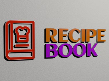 Duvarında simge ve ayna zemininde metalik kübik harflerle düzenlenmiş üç boyutlu RECIPE Kitap tasviri kavram ve slayt gösterisi sunumu için, 3D illüstrasyon