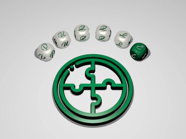 3 boyutlu simge etrafındaki farklı harflerin dairesel bulmaca metni, 3 boyutlu illüstrasyon