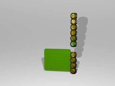 ONLINE Shop metni 3 boyutlu simgenin yanında, 3 boyutlu illüstrasyon