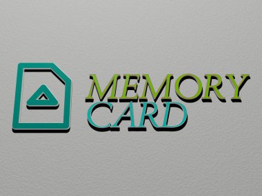 MEMORY CARD 'un 3B grafik resmi, üst perspektiften metalik kübik harflerle oluşturulan metinlerle birlikte, konsept sunumu ve slayt gösterimi için mükemmel, 3D illüstrasyon