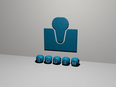 Konsept ve sunumların ilgili anlamları için metalik zar harflerinin yaptığı 3B diş grafikleri ve metinlerinin çizimi, 3D illüstrasyon