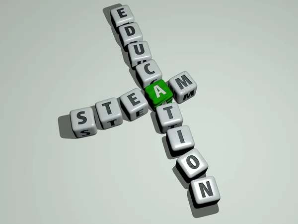 steam education crossword by cubic dice letters, 3D illustration