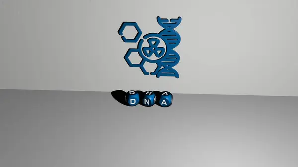 Dna Symbol Der Wand Und Text Kubischer Buchstaben Auf Dem — Stockfoto