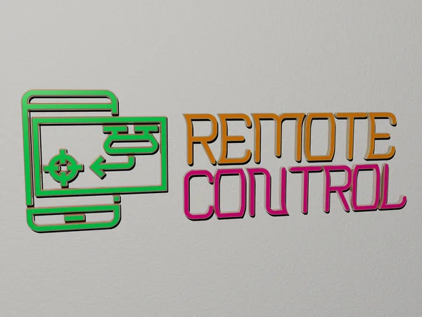 3D illustration of REMOTE CONTROL graphics and text made by metallic dice letters for the related meanings of the concept and presentations, 3D illustration