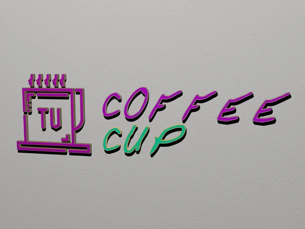 3D graphical image of COFFEE CUP vertically along with text built by metallic cubic letters from the top perspective, excellent for the concept presentation and slideshows, 3D illustration