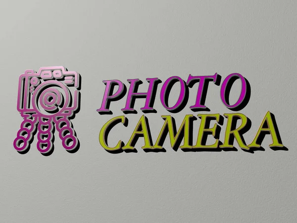 Graphical Image Photo Camera Vertically Text Built Metallic Cubic Letters — Stock Photo, Image