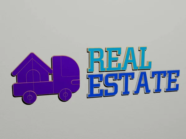 Graficzny Obraz Real Estate Pionowo Wraz Tekstem Zbudowanym Metalicznymi Literami — Zdjęcie stockowe