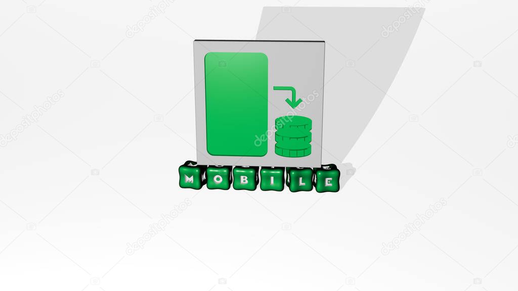 3D illustration of mobile graphics and text made by metallic dice letters for the related meanings of the concept and presentations, 3D illustration