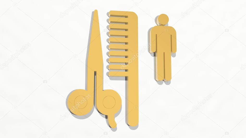 gentleman barber equipment made by 3D illustration of a shiny metallic sculpture on a wall with light background, 3D illustration