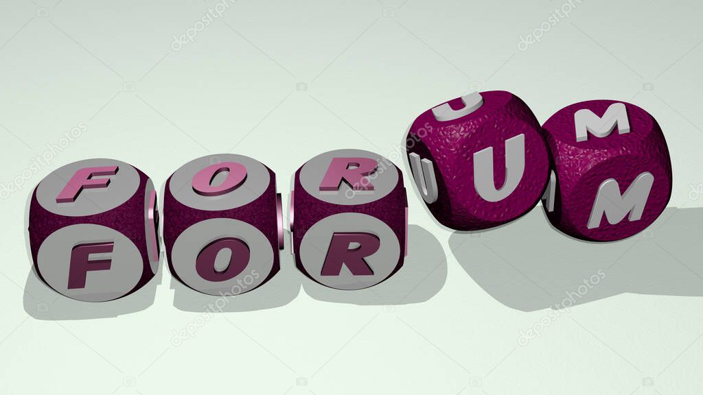 FORUM text by dancing dice letters, 3D illustration