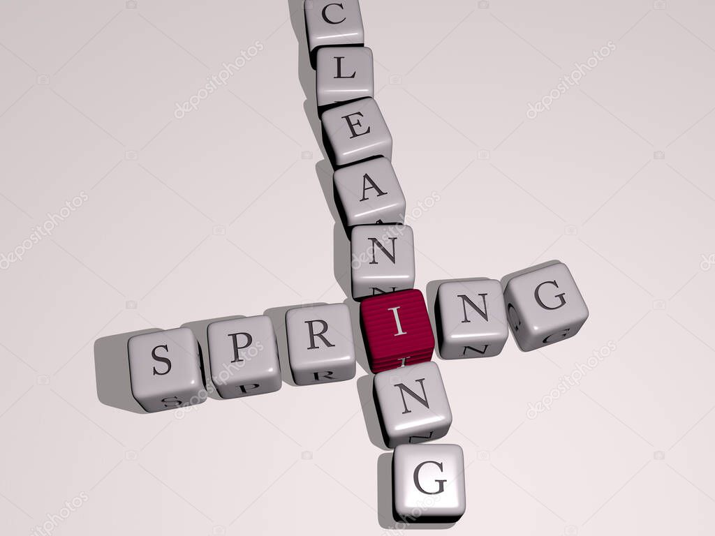 spring: SPRING CLEANING crossword by cubic dice letters, 3D illustration