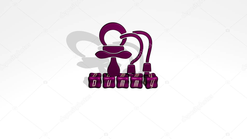 dummy 3D icon object on text of cubic letters, 3D illustration