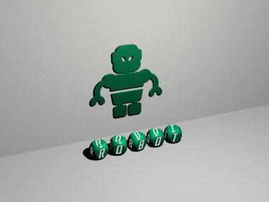 Robotun dikey olarak 3B grafiksel görüntüsü, üst perspektiften metalik kübik harflerle oluşturulan metinler, konsept sunumu ve slayt gösterimi için mükemmel, 3D illüstrasyon