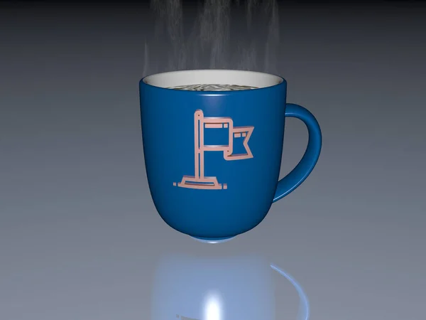 影のある白い背景の上にコーヒーカップにエンボス加工された旗のアイコンの3Dイラスト 3Dイラスト — ストック写真