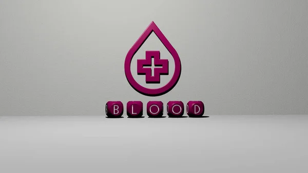 BLOOD 3D icon on the wall and text of cubic alphabets on the floor, 3D illustration