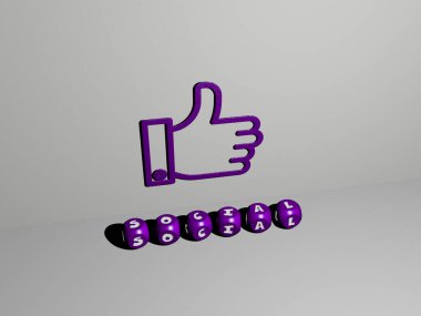 Üst perspektiften metalik kübik harflerle oluşturulan sosyal düzlemin 3B grafik resmi, konsept sunumu ve slayt gösterimi için mükemmel, 3D illüstrasyon