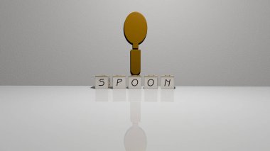 Yerdeki küp zar harflerinin kaşık metni ve duvardaki 3B simgesi, 3B illüstrasyon