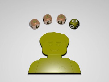LEGO üç boyutlu simge etrafındaki farklı harflerin dairesel metni, üç boyutlu illüstrasyon