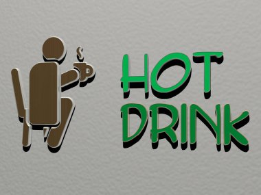 Sıcak DRINK simgesi ve duvarda metin, 3D illüstrasyon