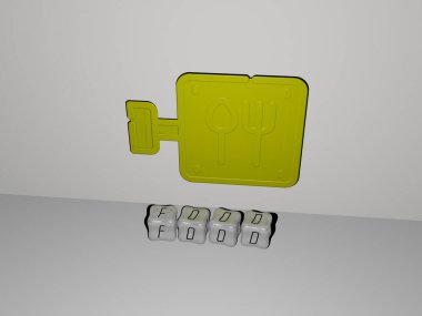 yemek duvarında 3D simge ve yerde küp harfler, 3D illüstrasyon