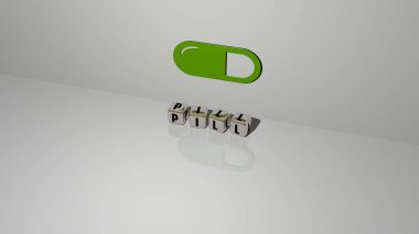 Zeminde küp zar harfleri ve duvarda 3D simge, 3B illüstrasyon