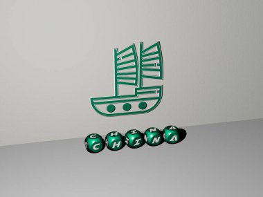 Çin 'in dikey olarak 3B grafik resmi, üst perspektiften metalik kübik harflerle oluşturulan metinler, konsept sunumu ve slayt gösterimi için mükemmel, 3D illüstrasyon