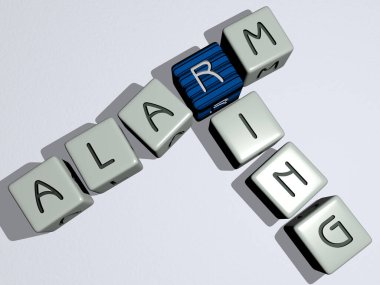 Kübik zar harfleriyle ALARM RING çapraz bulmacası, 3 boyutlu illüstrasyon