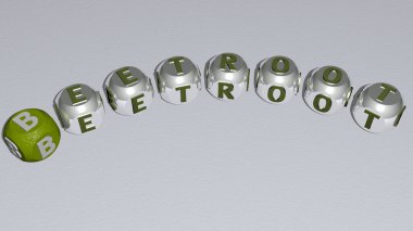 BeETROOT küp zar harflerinin eğimli metni, 3D illüstrasyon