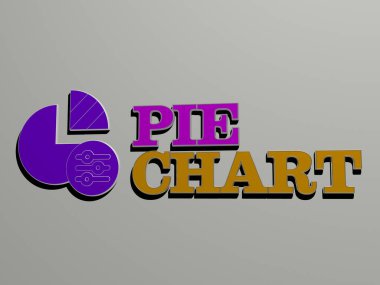 PIE CHART 'ın 3B grafik resmi ve üst perspektiften metalik kübik harflerle oluşturulan metin, konsept sunumu ve slayt gösterimi için mükemmel, 3D illüstrasyon