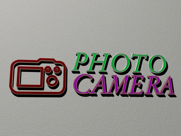 Weergave Van Fotocamera Met Icoon Muur Tekst Gerangschikt Door Metalen — Stockfoto
