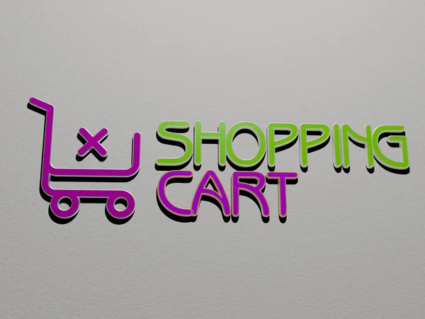 Representation Shopping Cart Icon Wall Text Arranged Metallic Cubic Letters — Stock Photo, Image