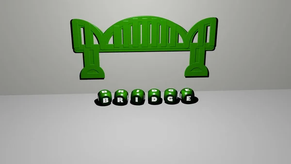 墙上的Bridge 3D图标和地板上的立方字母文本 3D插图 — 图库照片