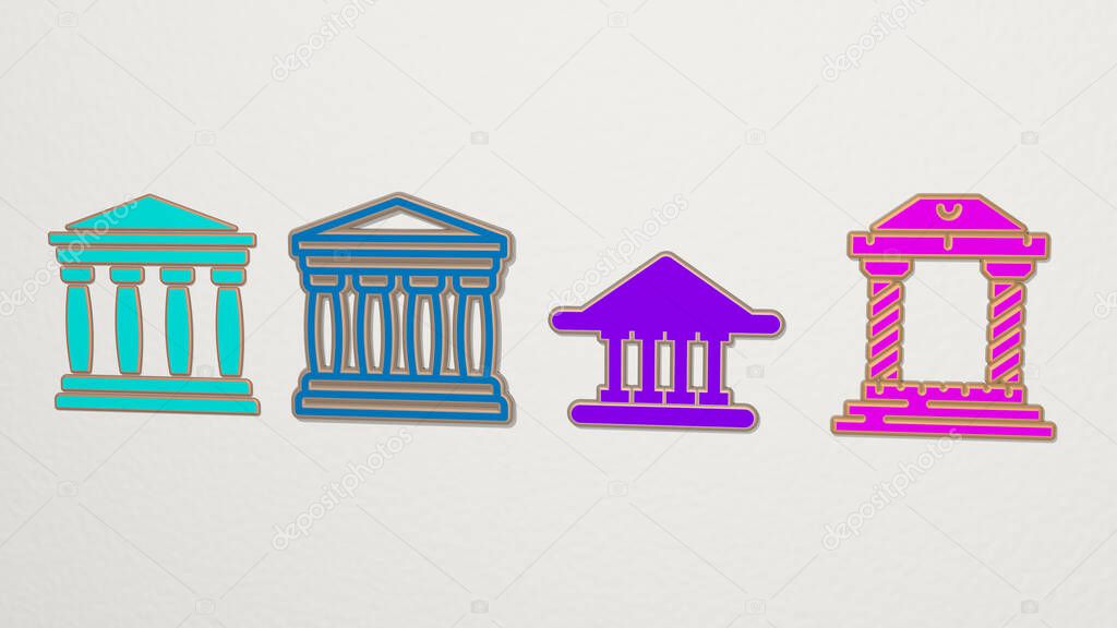 greek temple 4 icons set, 3D illustration