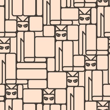 Kedilerle kusursuz geometrik desen. El çizimi vektör çizimi. Düz renk tasarımı, hatırlaması kolay.