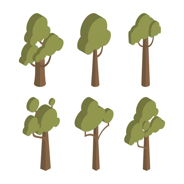 Uppsättning Träd Isometrisk Vektor Illustration Isolerad Vit — Stock vektor