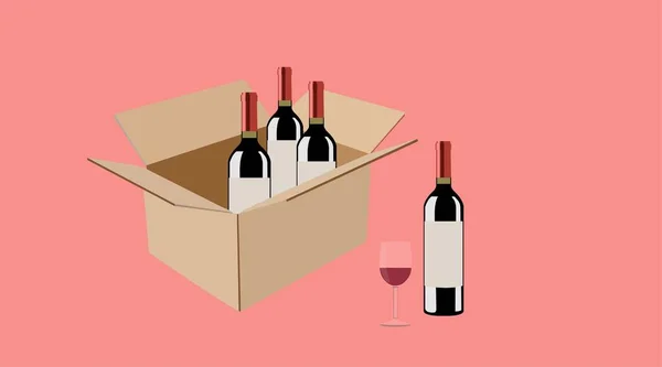 Vettore Isolato Illustrazione Una Scatola Bottiglie Vino Bicchiere Vino — Vettoriale Stock