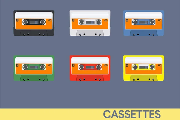Cassetes Vintage Fitas Música Cores Diferentes Ilustração Vetorial — Vetor de Stock